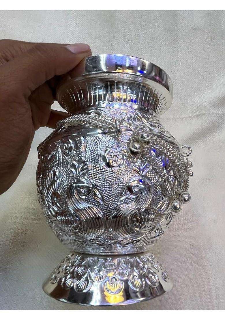 Happy BORN Silver Polish Kalash Pot with Geraman Coconut and Banana Leaves Set of 3 - Indya