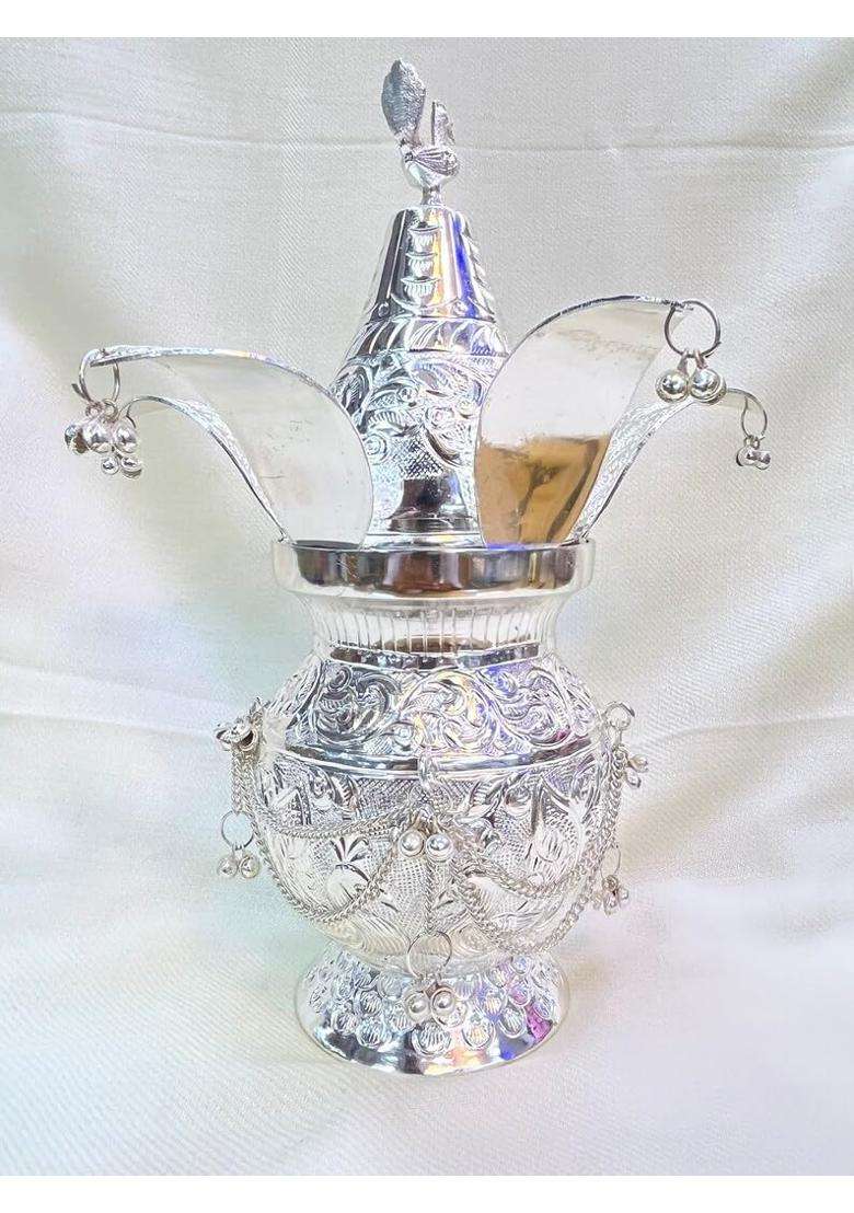 Happy BORN Silver Polish Kalash Pot with Geraman Coconut and Banana Leaves Set of 3 - Indya