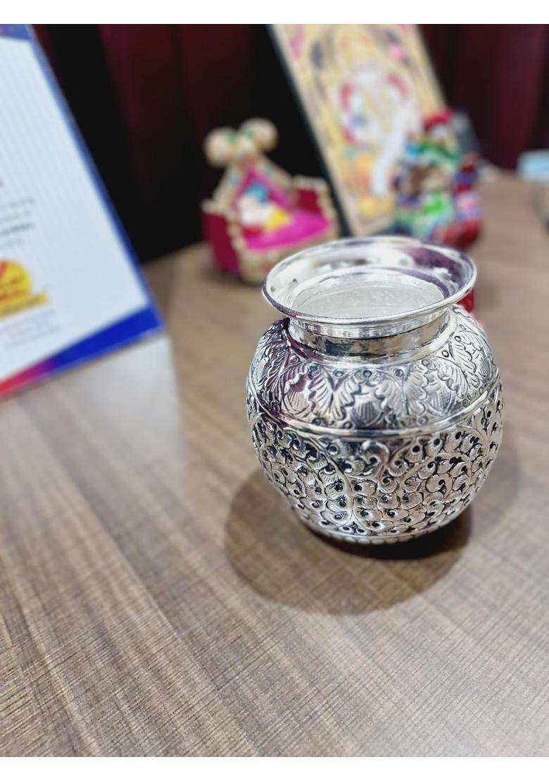 Mishita Collections German Silver Traditional Nakashi Pooja Kalash or Karwachauth Lota for Home and Festival - Indya