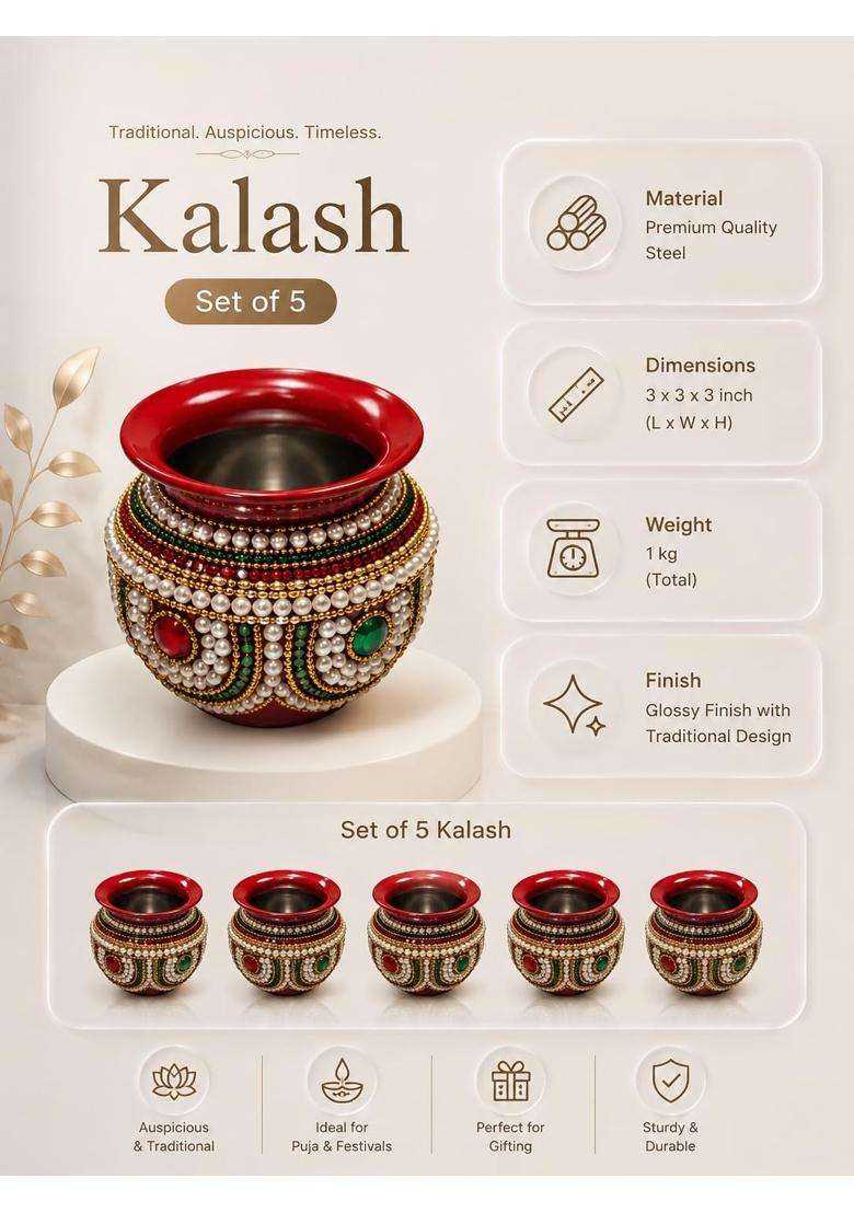 Smita Creations Red Kalash Set for Pooja Utaran Kalash Set Set of 5 - Indya