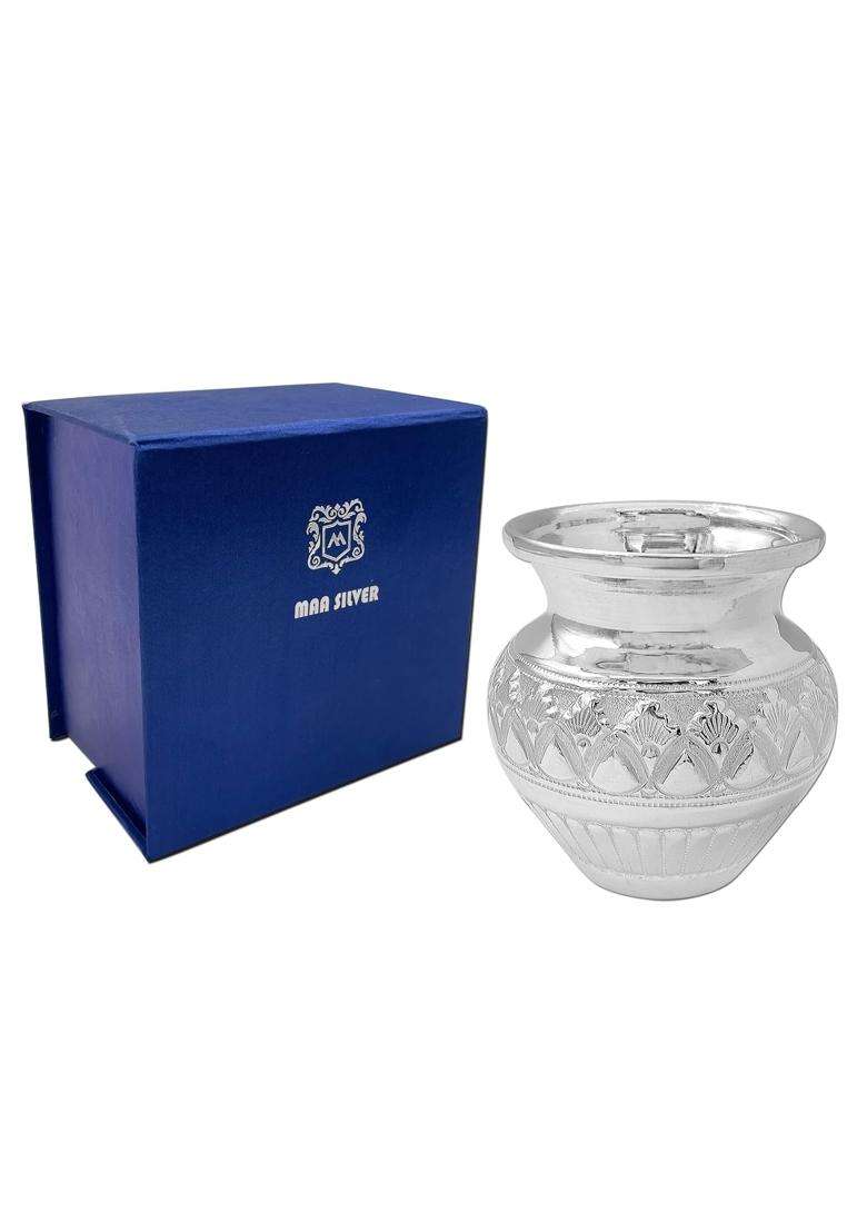 MAA Silver Pure Silver Nakshi Work Kalash Lota BIS Hallmarked Perfect for Gifting Home Office Puja Use - Indya