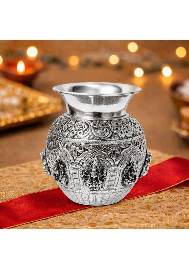 Handcrafted German Silver Ashtalakshmi Kalash Premium Indian Craftsmanship - Indya