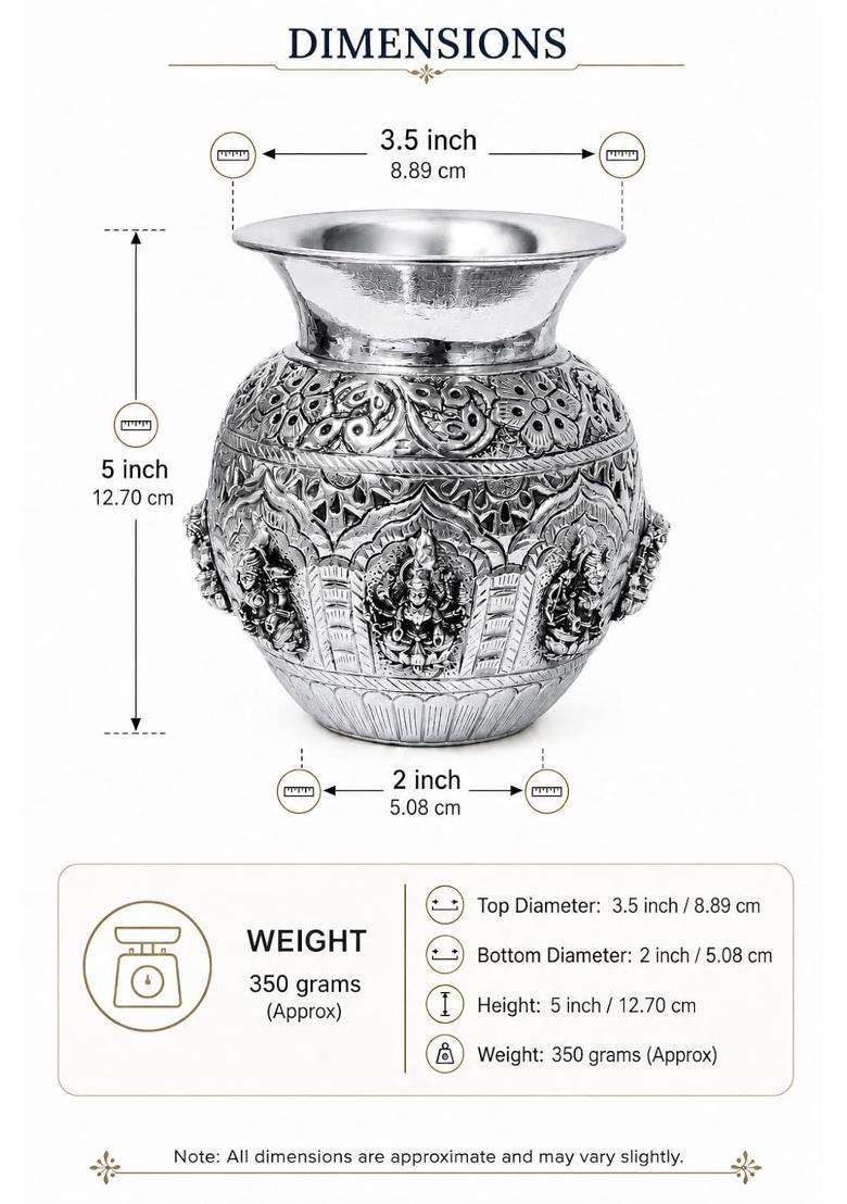 Handcrafted German Silver Ashtalakshmi Kalash Premium Indian Craftsmanship - Indya