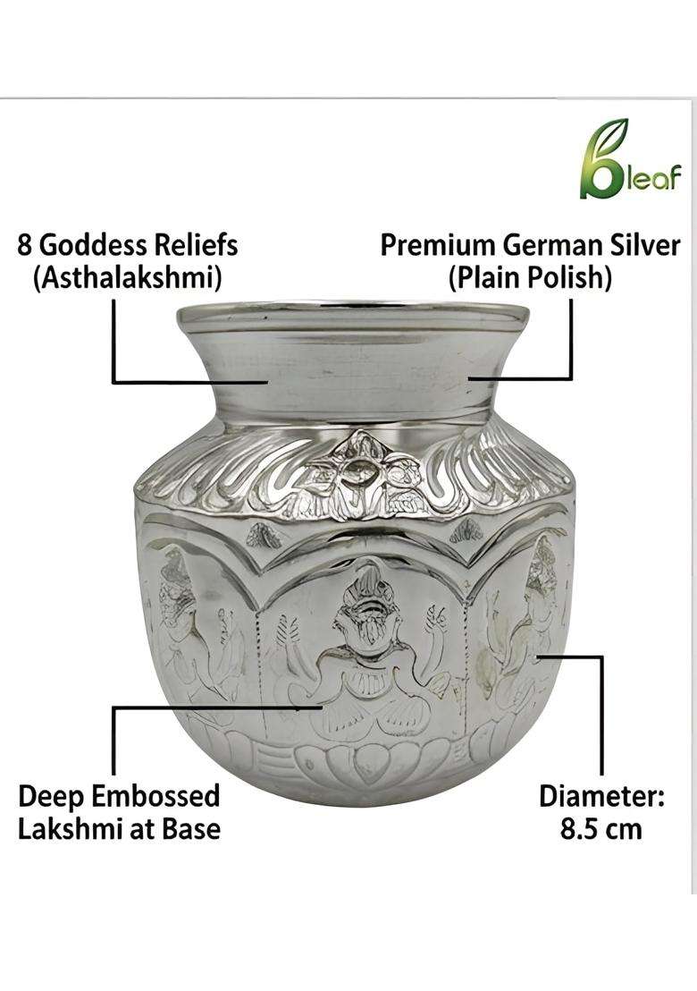 Bleaf German Silver Ashtalakshmi Kalash Large 10CM Dia X 13CM H 250G - Indya