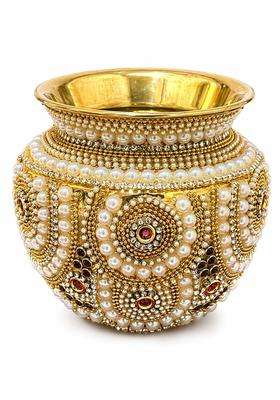 Gold Brass Kalash for Pooja with Pearl and Kundan Work Decorative Brass Kalash