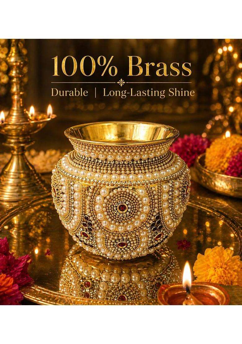 Gold Brass Kalash for Pooja with Pearl and Kundan Work Decorative Brass Kalash - Indya