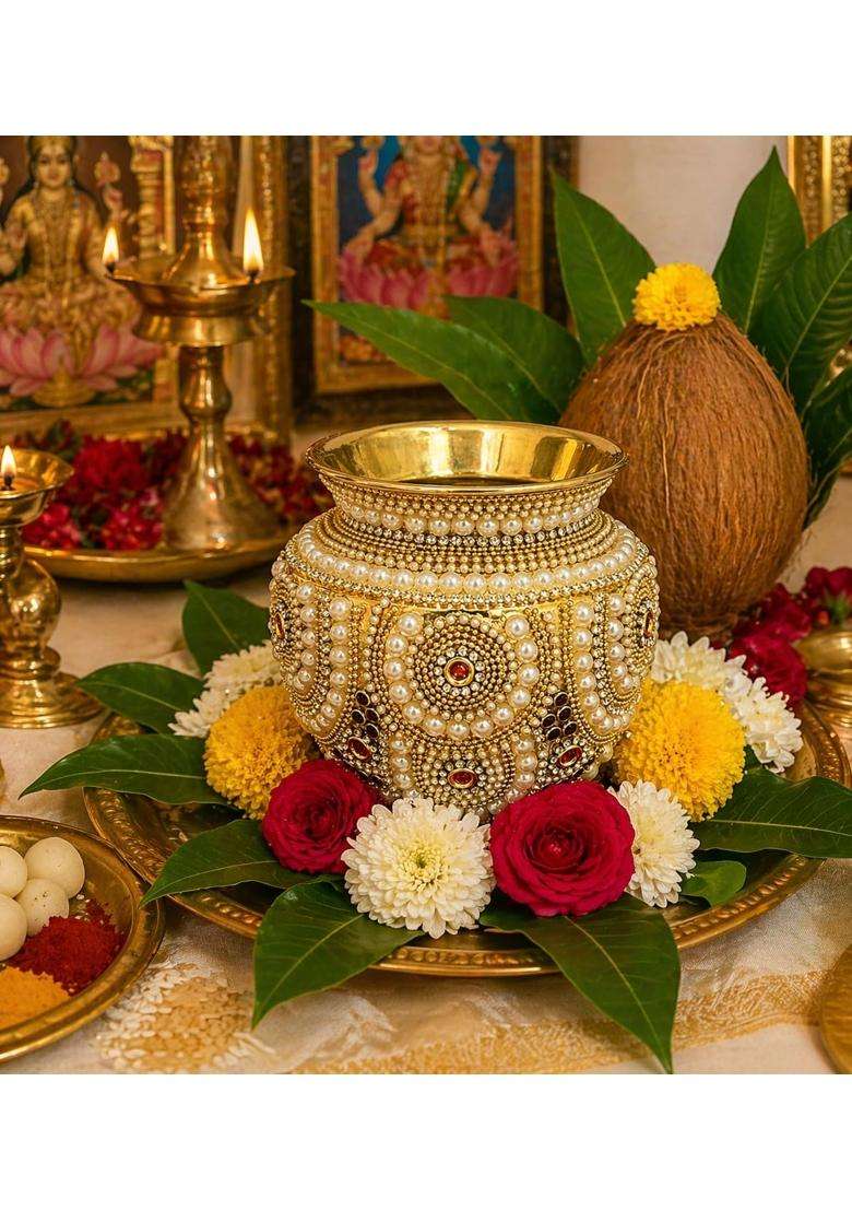 Gold Brass Kalash for Pooja with Pearl and Kundan Work Decorative Brass Kalash - Indya