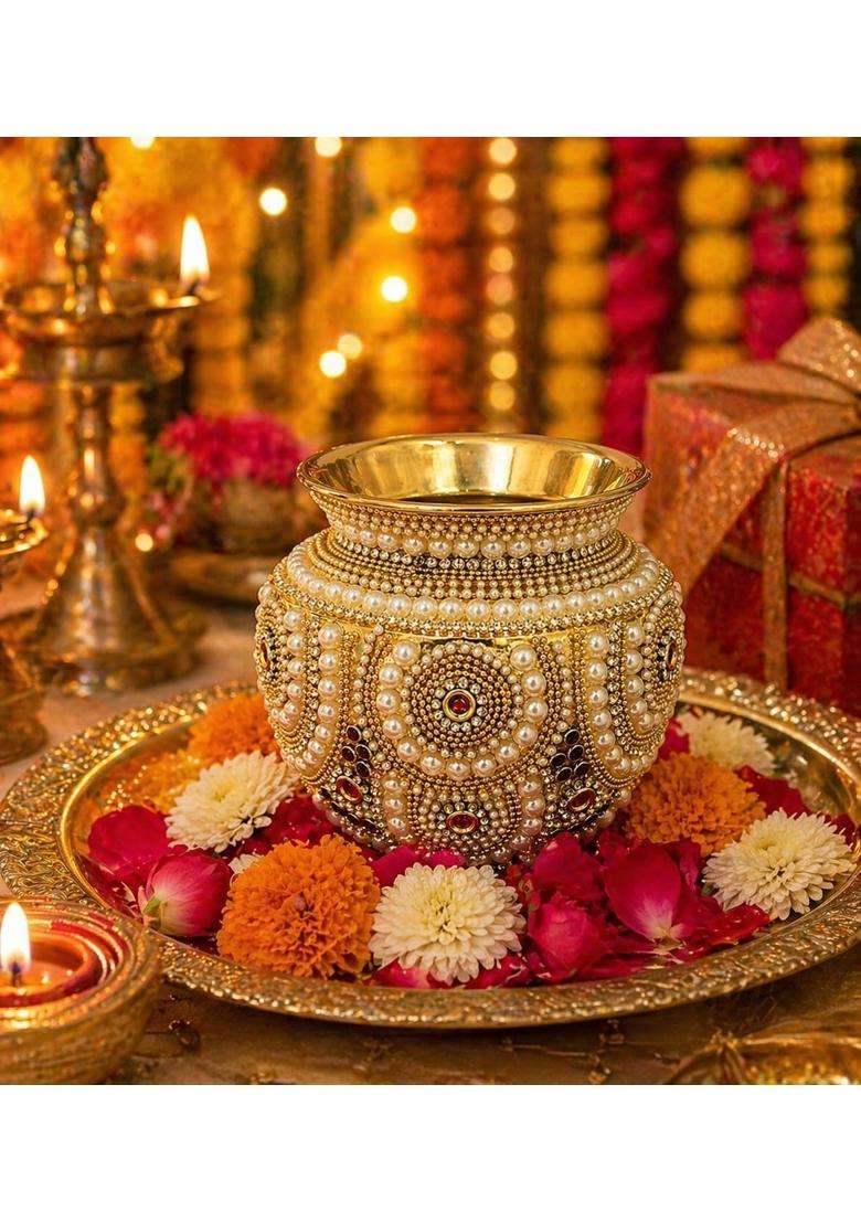 Gold Brass Kalash for Pooja with Pearl and Kundan Work Decorative Brass Kalash - Indya