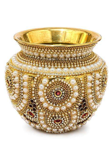 Gold Brass Kalash for Pooja with Pearl and Kundan Work Decorative Brass Kalash