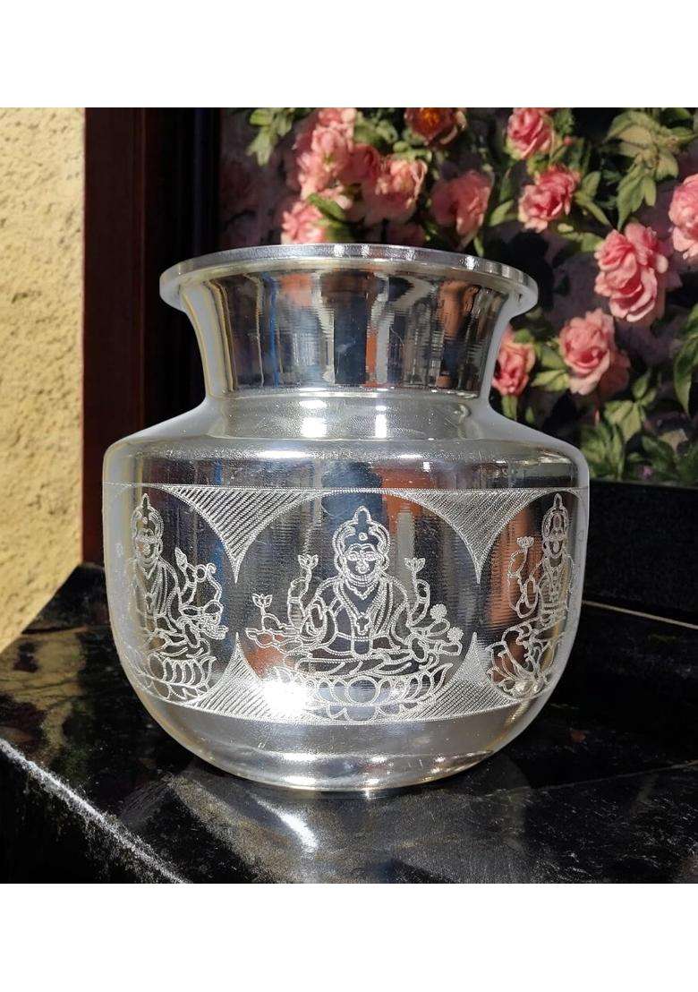 Sigaram Silver 5X5 Inch Asta Lakshmi Floral Design on Plain Kalash for Pooja Decor K4142 - Indya