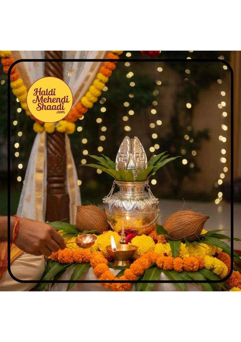 Haldi Mehendi Shaadi 500ML German Silver White Metal Kalash Nariyal Set - Indya