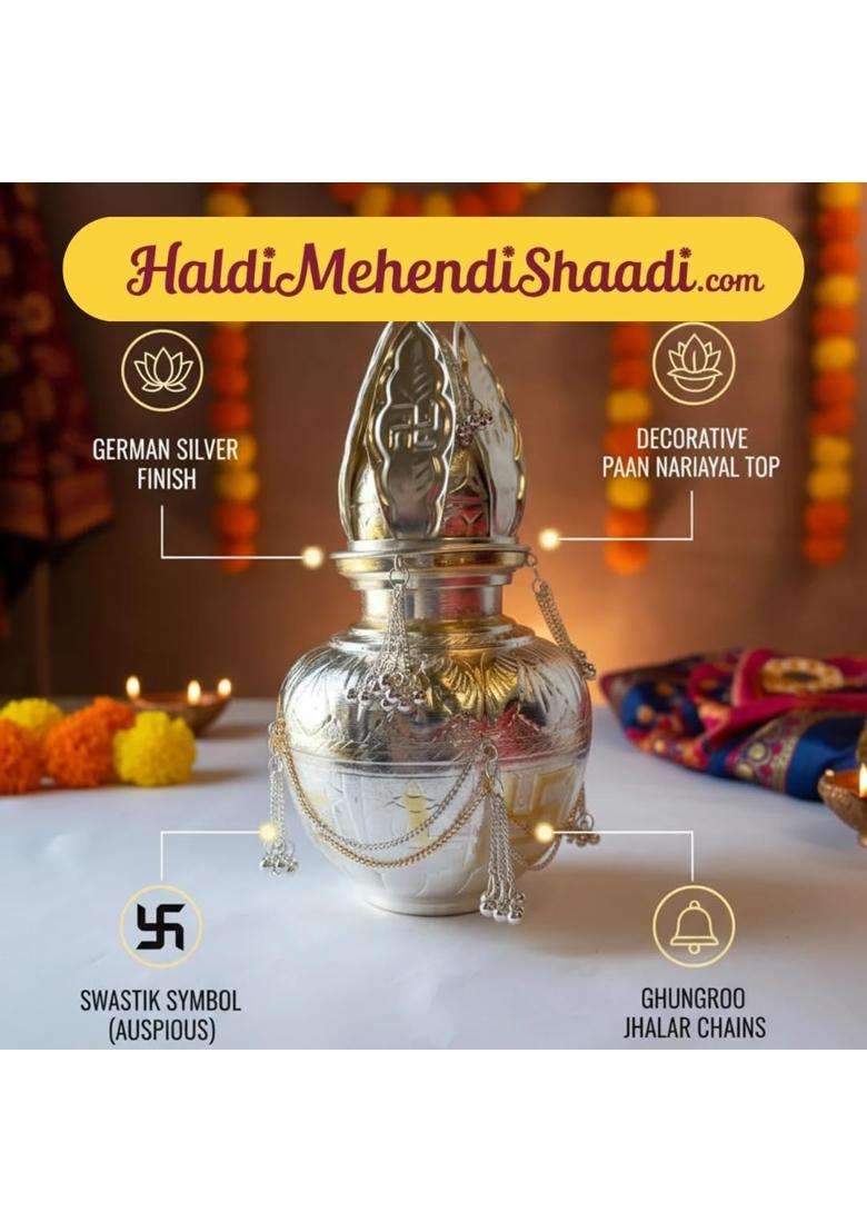Haldi Mehendi Shaadi 500ML German Silver White Metal Kalash Nariyal Set - Indya