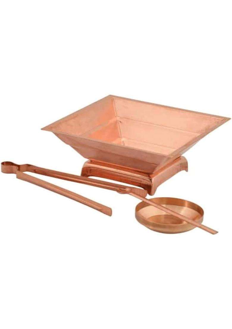 Copper Havan Kund with Iron Stand Set Including Panchpatra Achmani Plate for Hawan Samagri Puja Rituals - Indya