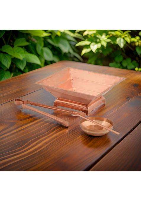 Copper Havan Kund with Iron Stand Set Including Panchpatra Achmani Plate for Hawan Samagri Puja Rituals