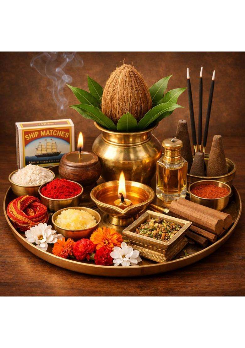 White Complete Pooja Box Set with Kalash Diya and Havan Samagri - Indya