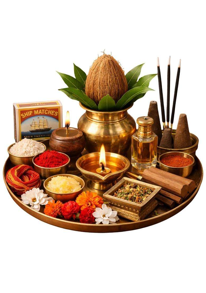 White Complete Pooja Box Set with Kalash Diya and Havan Samagri - Indya