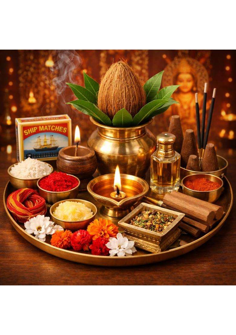 White Complete Pooja Box Set with Kalash Diya and Havan Samagri - Indya