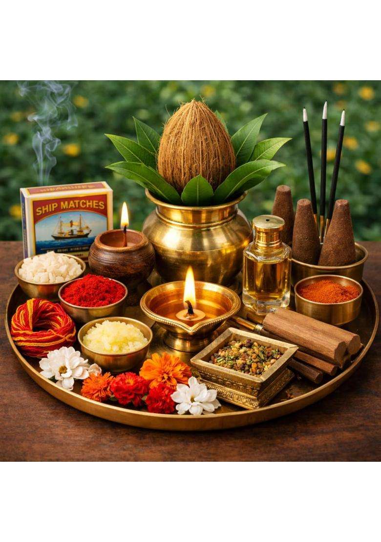 White Complete Pooja Box Set with Kalash Diya and Havan Samagri - Indya
