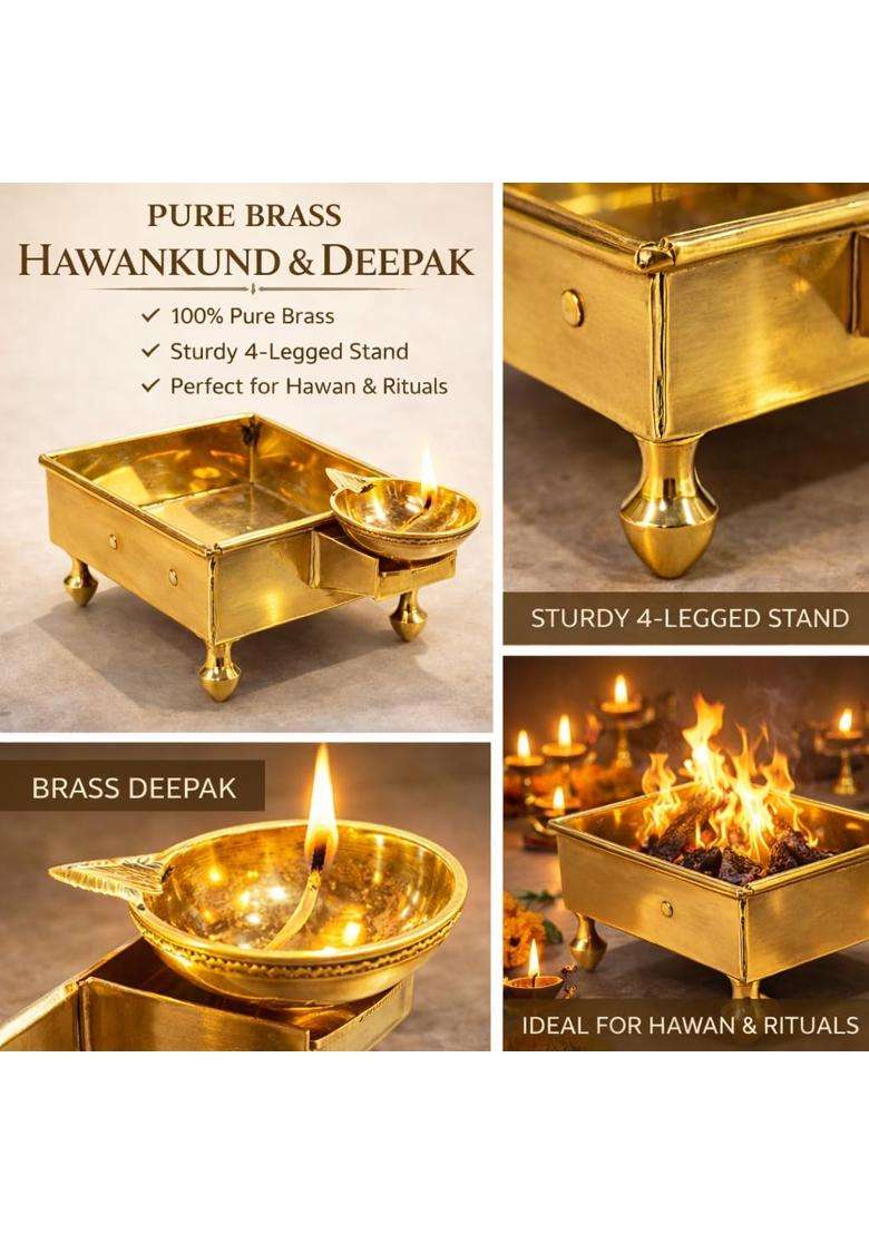 Bhaktirupam Gold Pure Brass Hawan Kund with Diya Stand 10CM - Indya