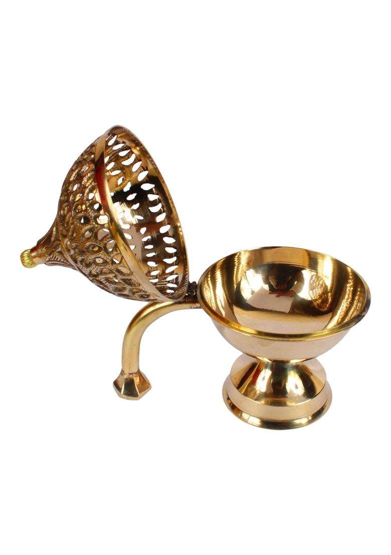 Kartique Gold Brass Loban Dhoop Dani Incense Burner with Handle 7 Inch - Indya