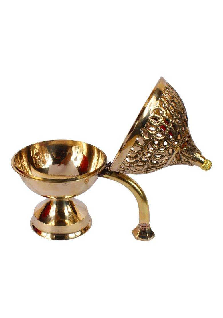 Kartique Gold Brass Loban Dhoop Dani Incense Burner with Handle 7 Inch - Indya
