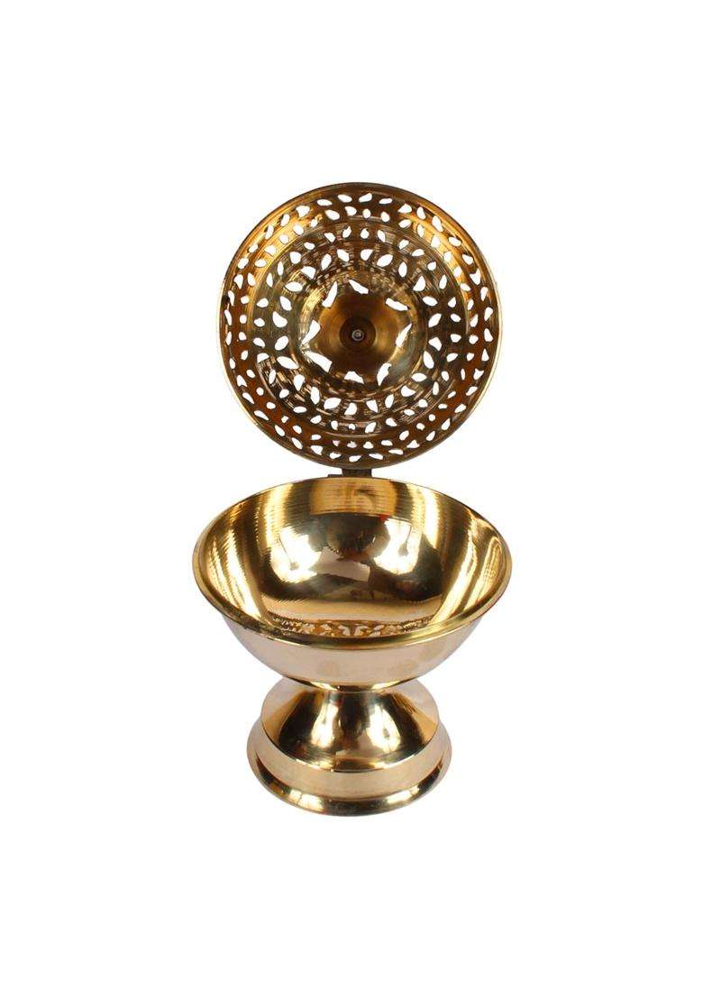 Kartique Gold Brass Loban Dhoop Dani Incense Burner with Handle 7 Inch - Indya