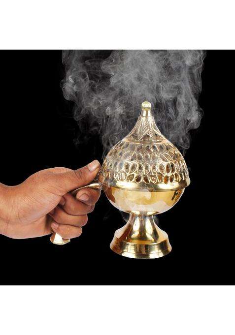 Kartique Gold Brass Loban Dhoop Dani Incense Burner with Handle 7 Inch