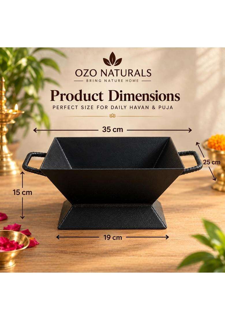 Ozonaturals Black Heavy Duty Iron Havan Kund with Handles Square Hawan Kund for Puja Agnihotra and Rituals - Indya