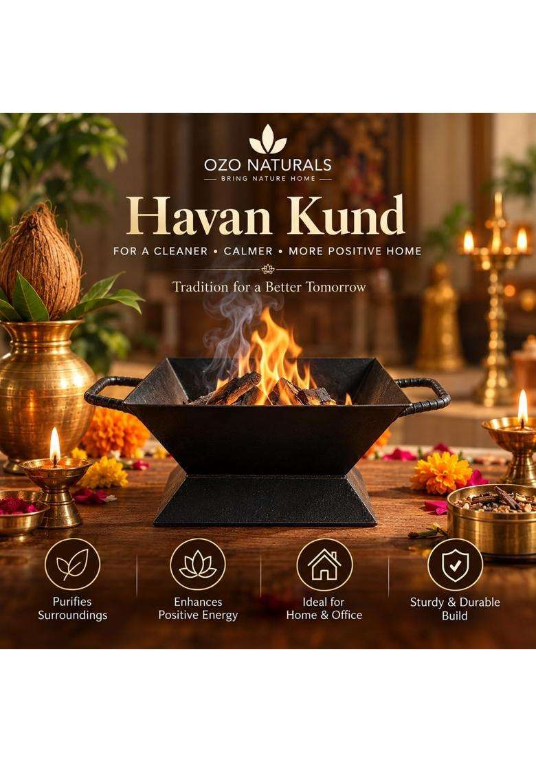 Ozonaturals Black Heavy Duty Iron Havan Kund with Handles Square Hawan Kund for Puja Agnihotra and Rituals - Indya