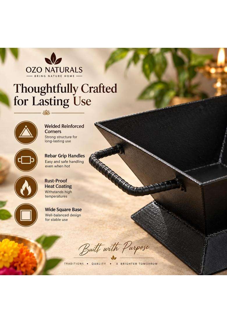 Ozonaturals Black Heavy Duty Iron Havan Kund with Handles Square Hawan Kund for Puja Agnihotra and Rituals - Indya