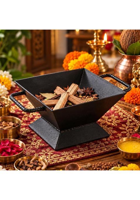 Ozonaturals Black Heavy Duty Iron Havan Kund with Handles Square Hawan Kund for Puja Agnihotra and Rituals