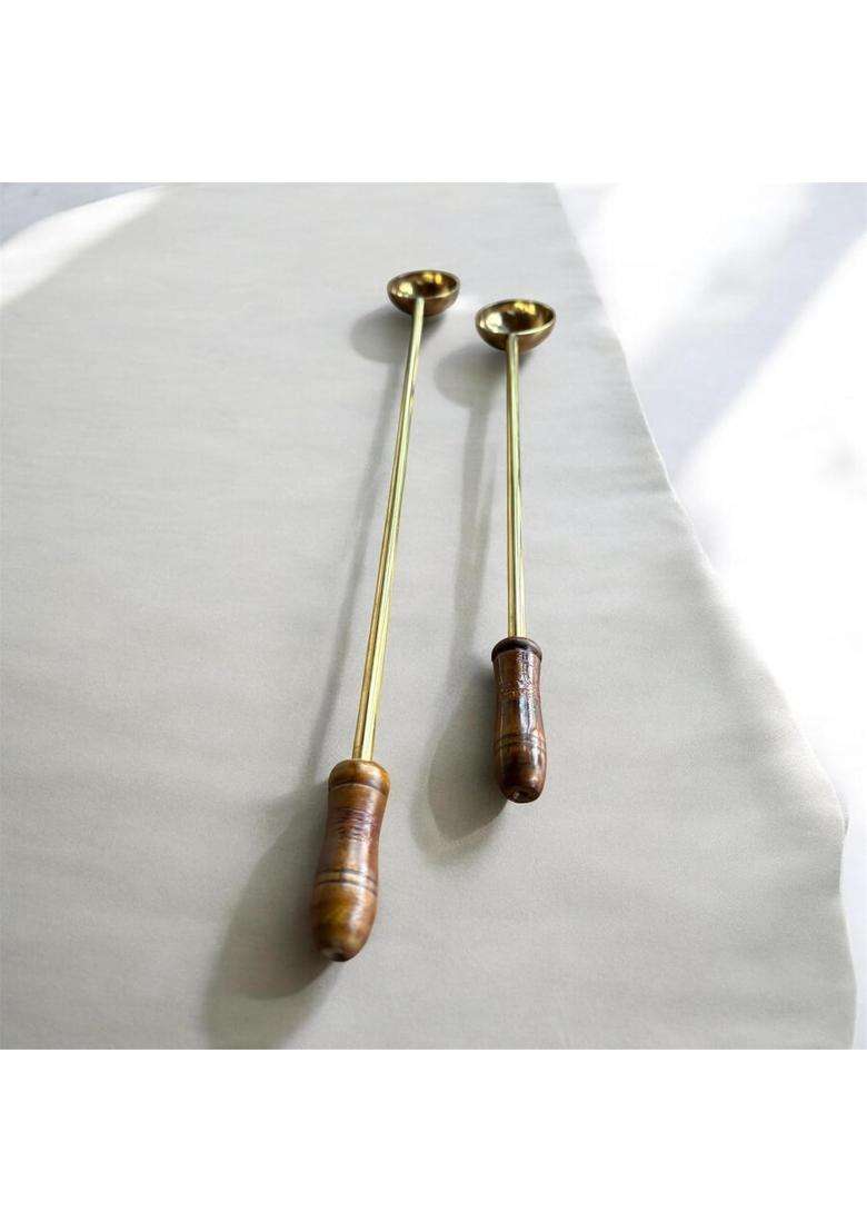 Brass Hawan Spoon with Wooden Handle Long Handle 12 Point 5Inch and 18 Point 5Inch Set of 2 - Indya