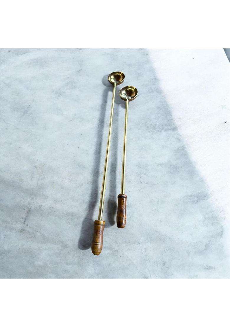 Brass Hawan Spoon with Wooden Handle Long Handle 12 Point 5Inch and 18 Point 5Inch Set of 2 - Indya