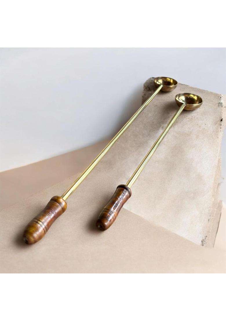 Brass Hawan Spoon with Wooden Handle Long Handle 12 Point 5Inch and 18 Point 5Inch Set of 2 - Indya