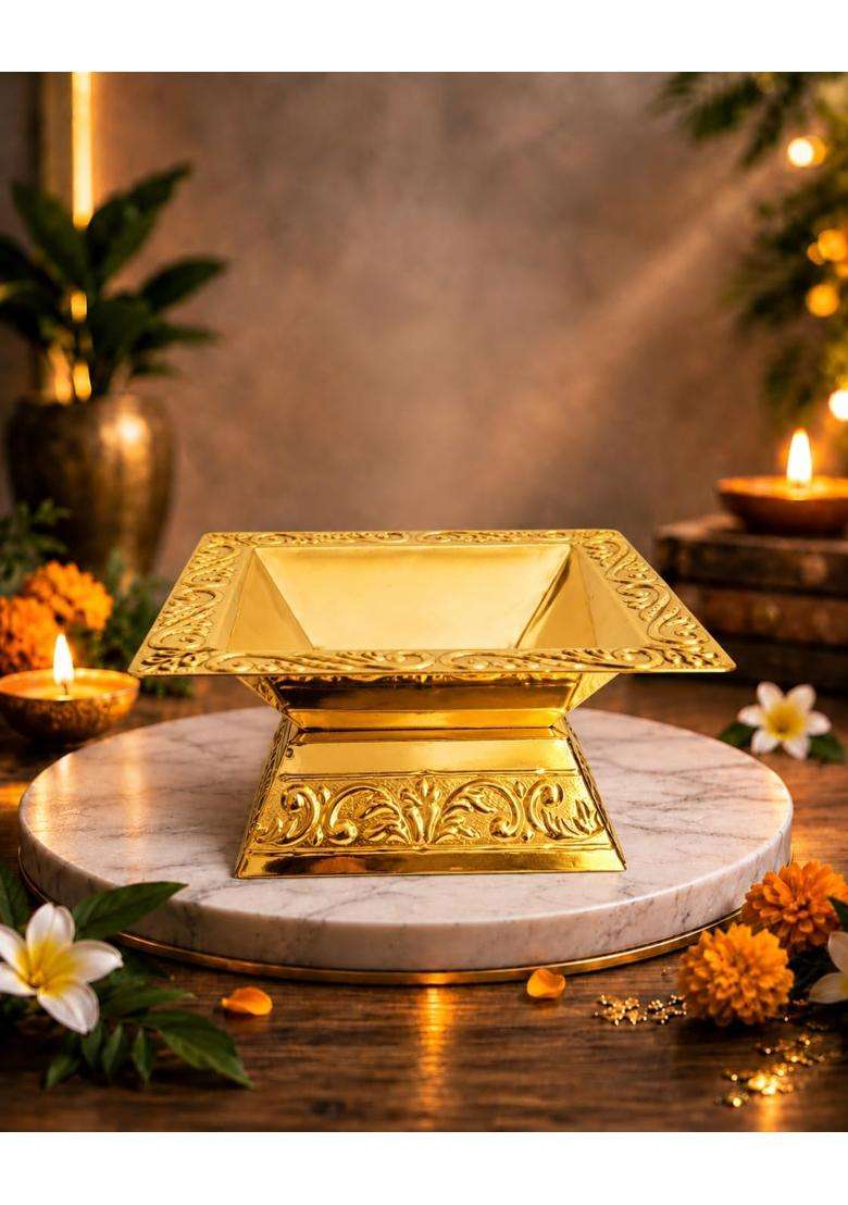 MOJO JOJO Gold with Brass Tong and Wick Stick Traditional Havan Kund for Puja Yagya Hawan and Vastu Rituals - Indya