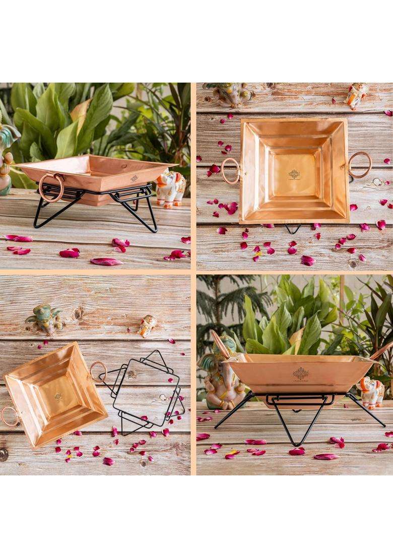 Indian ART Villa Pure Copper Hawan Kund with Stand and Side Handles Traditional Yagya - Indya