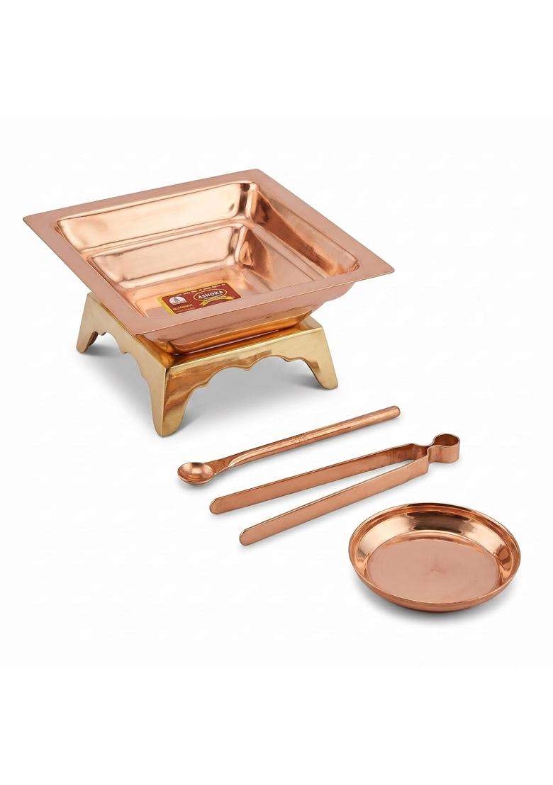 Copper Hawan Kund Set with Brass Stand 8x8 Inch with Brass Stand Aahuti Spoon Fire Tongs and Offering Plate - Indya
