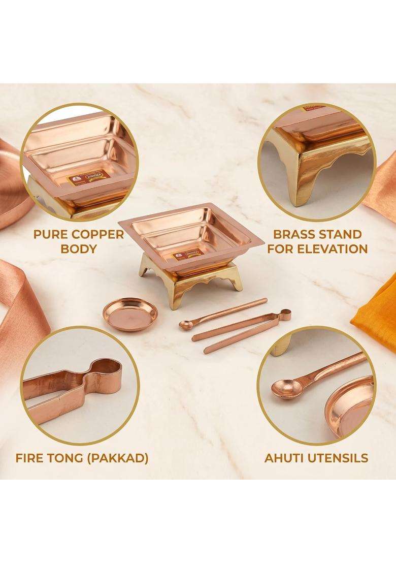 Copper Hawan Kund Set with Brass Stand 8x8 Inch with Brass Stand Aahuti Spoon Fire Tongs and Offering Plate - Indya