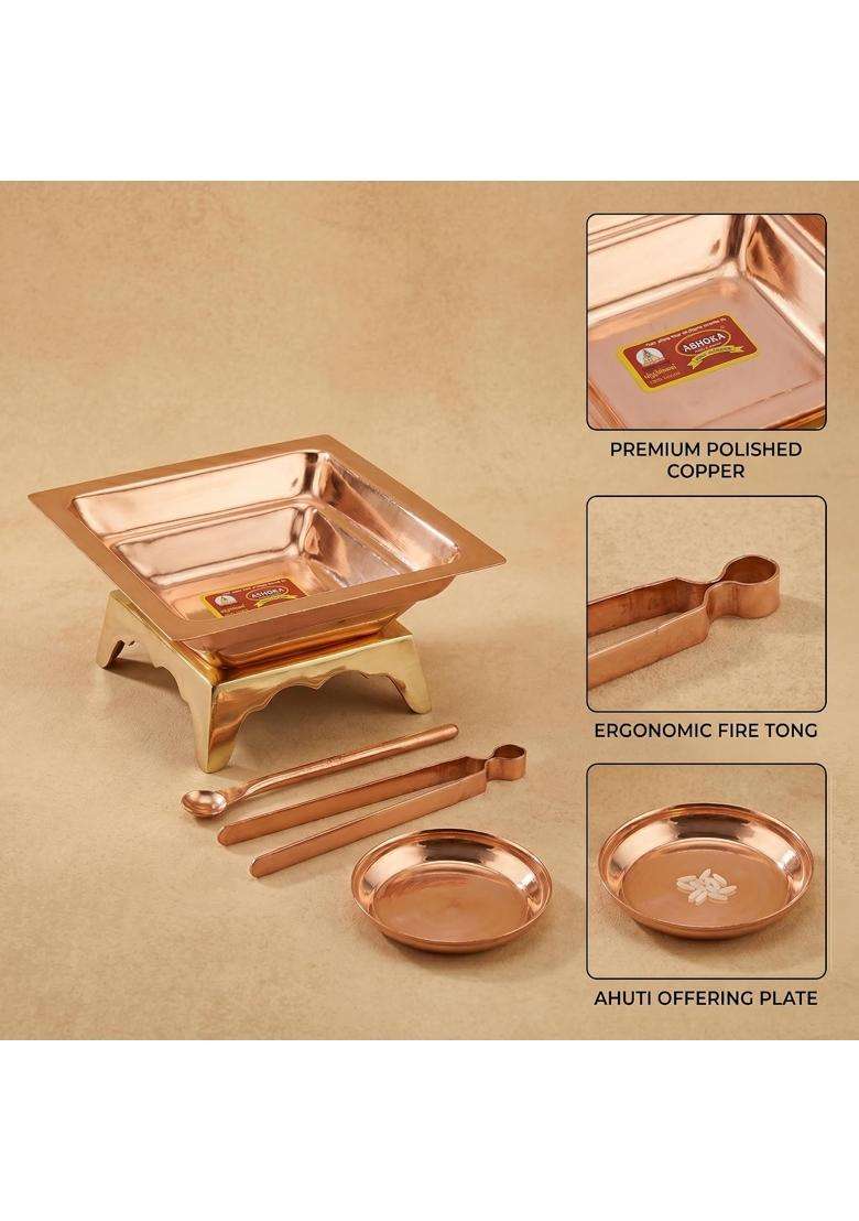 Copper Hawan Kund Set with Brass Stand 8x8 Inch with Brass Stand Aahuti Spoon Fire Tongs and Offering Plate - Indya