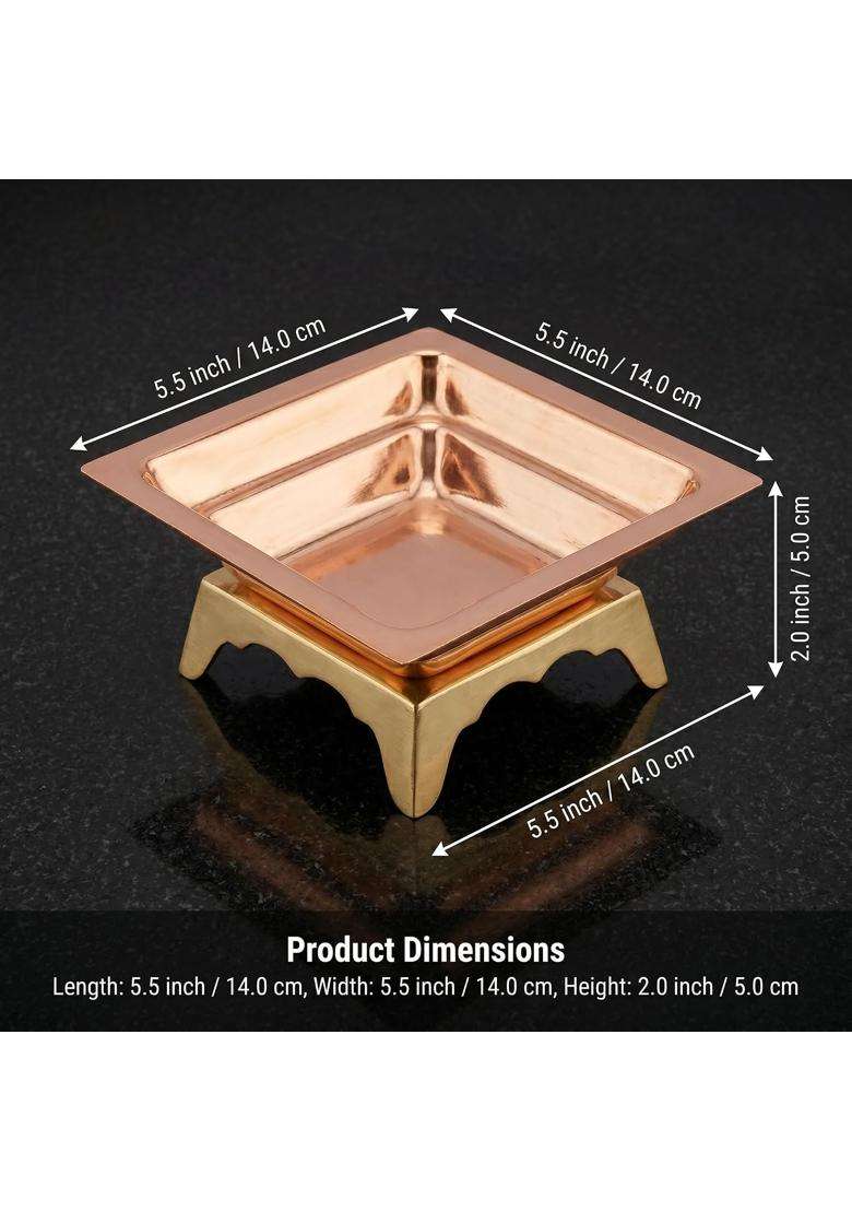 Copper Hawan Kund Set with Brass Stand 8x8 Inch with Brass Stand Aahuti Spoon Fire Tongs and Offering Plate - Indya