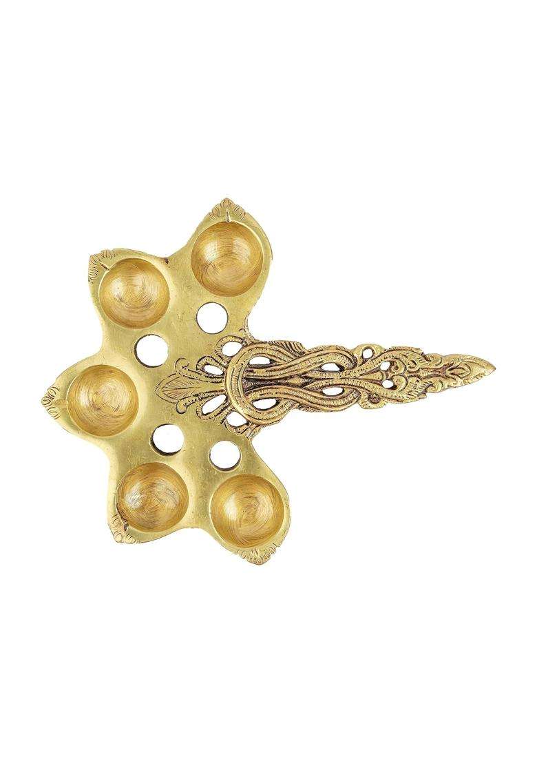 Jaszz Art Gold Brass Five Spoon Design Aarti Spoon 7 Point 9IN Long 500 G - Indya