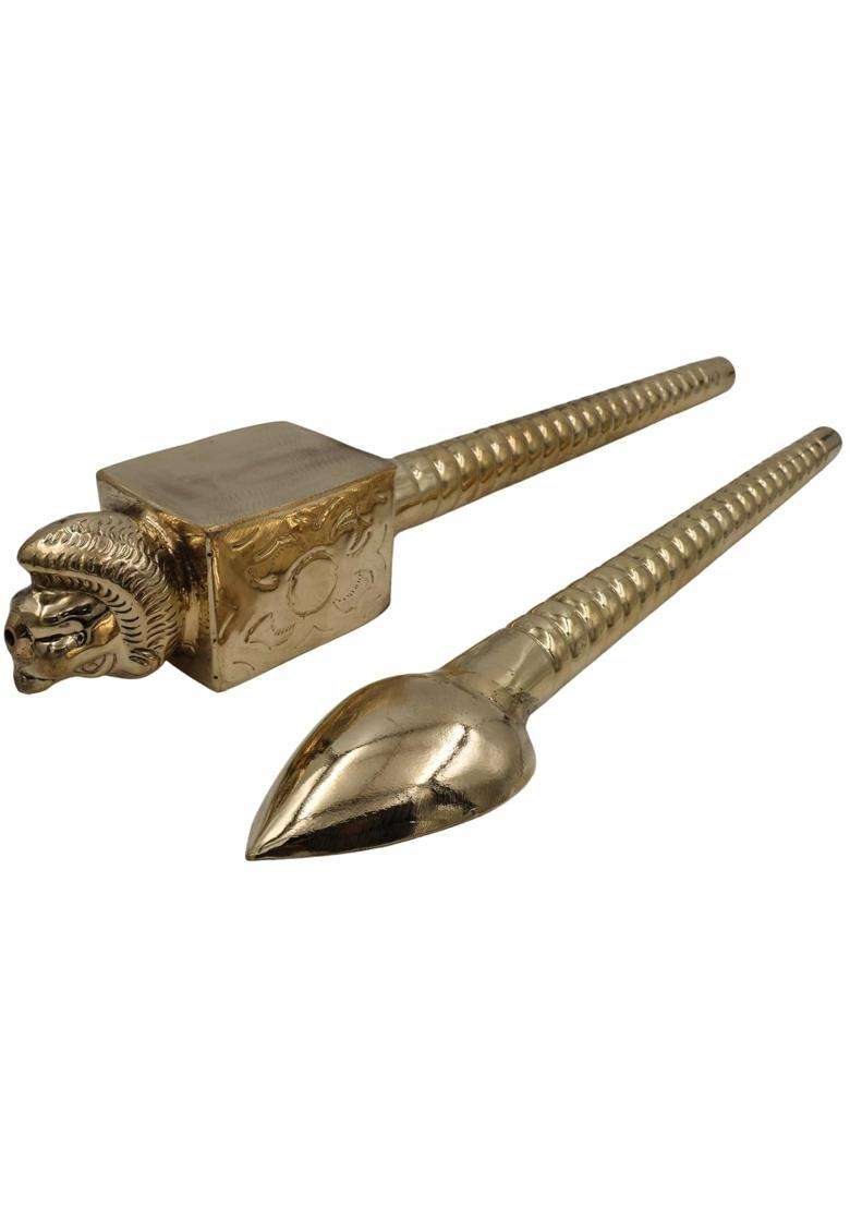 South Indian Arts Brass Lion Head Homa Spoon Set for Vedic Sacrifices Yajna Achamani Spoons for Havan Gold - Indya