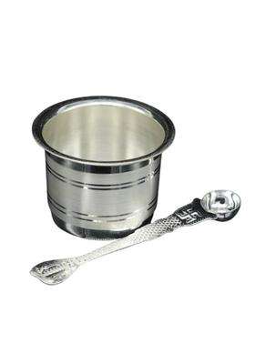 Goldhartz Silver Plated Ghee Pot with Spoon Pooja Ghee Container for Mandir
