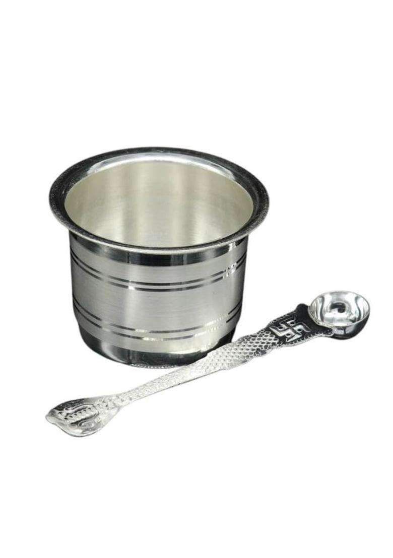 Goldhartz Silver Plated Ghee Pot with Spoon Pooja Ghee Container for Mandir - Indya