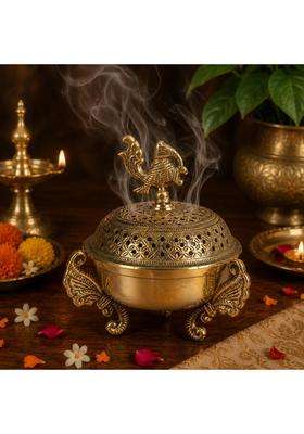 Kartique Gold Brass Loban Burner Peacock Dhoop Dani Incense Holder 6 and Half Inch