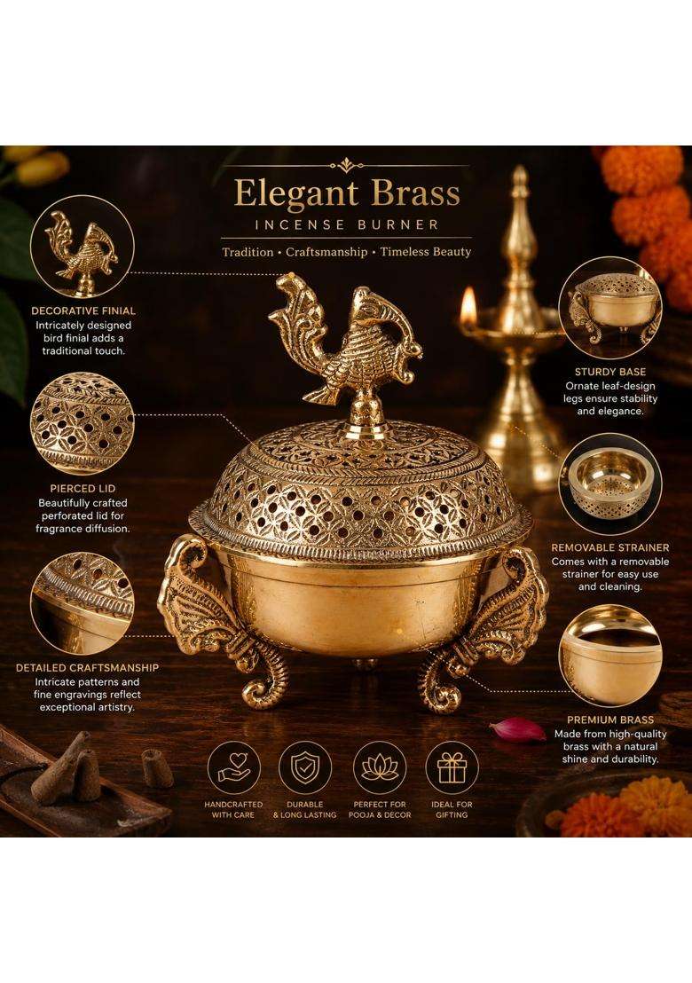 Kartique Gold Brass Loban Burner Peacock Dhoop Dani Incense Holder 6 and Half Inch - Indya