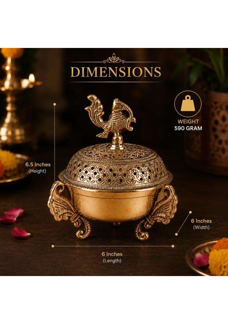 Kartique Gold Brass Loban Burner Peacock Dhoop Dani Incense Holder 6 and Half Inch - Indya