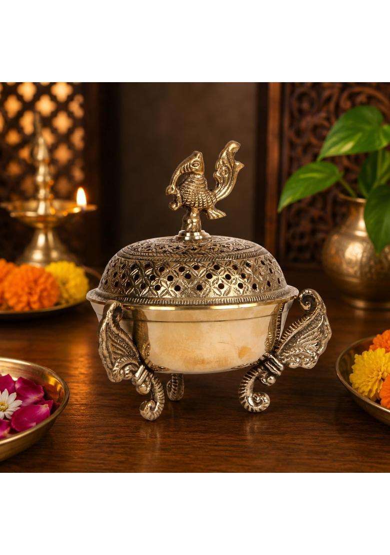 Kartique Gold Brass Loban Burner Peacock Dhoop Dani Incense Holder 6 and Half Inch - Indya