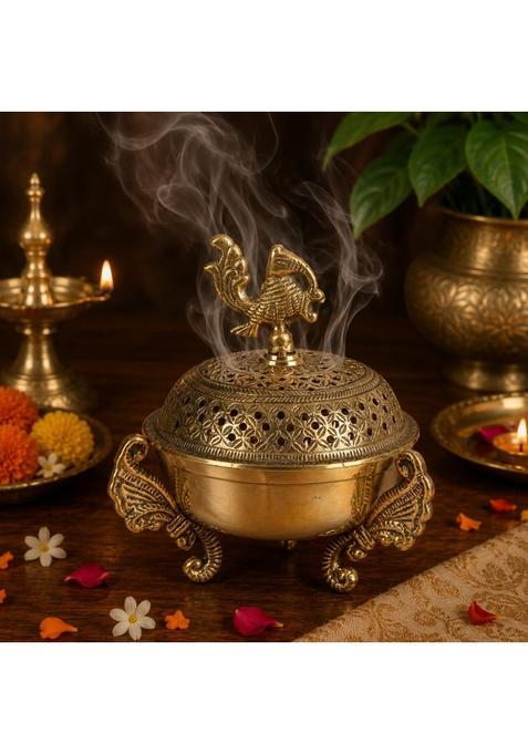 Kartique Gold Brass Loban Burner Peacock Dhoop Dani Incense Holder 6 and Half Inch