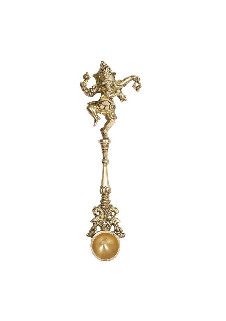 Kartique Gold Brass Dancing Ganesha Achmani Pooja Spoon for Rituals 11 Inches - Indya